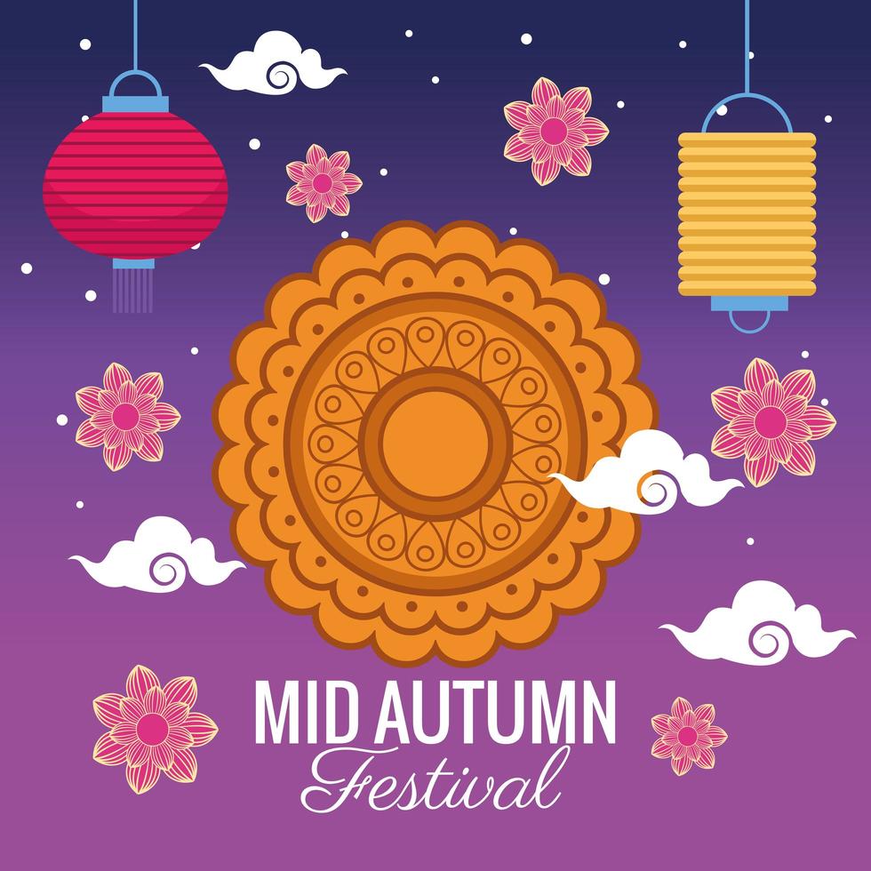 mid autumn festival celebration with lace decorative and flowers vector