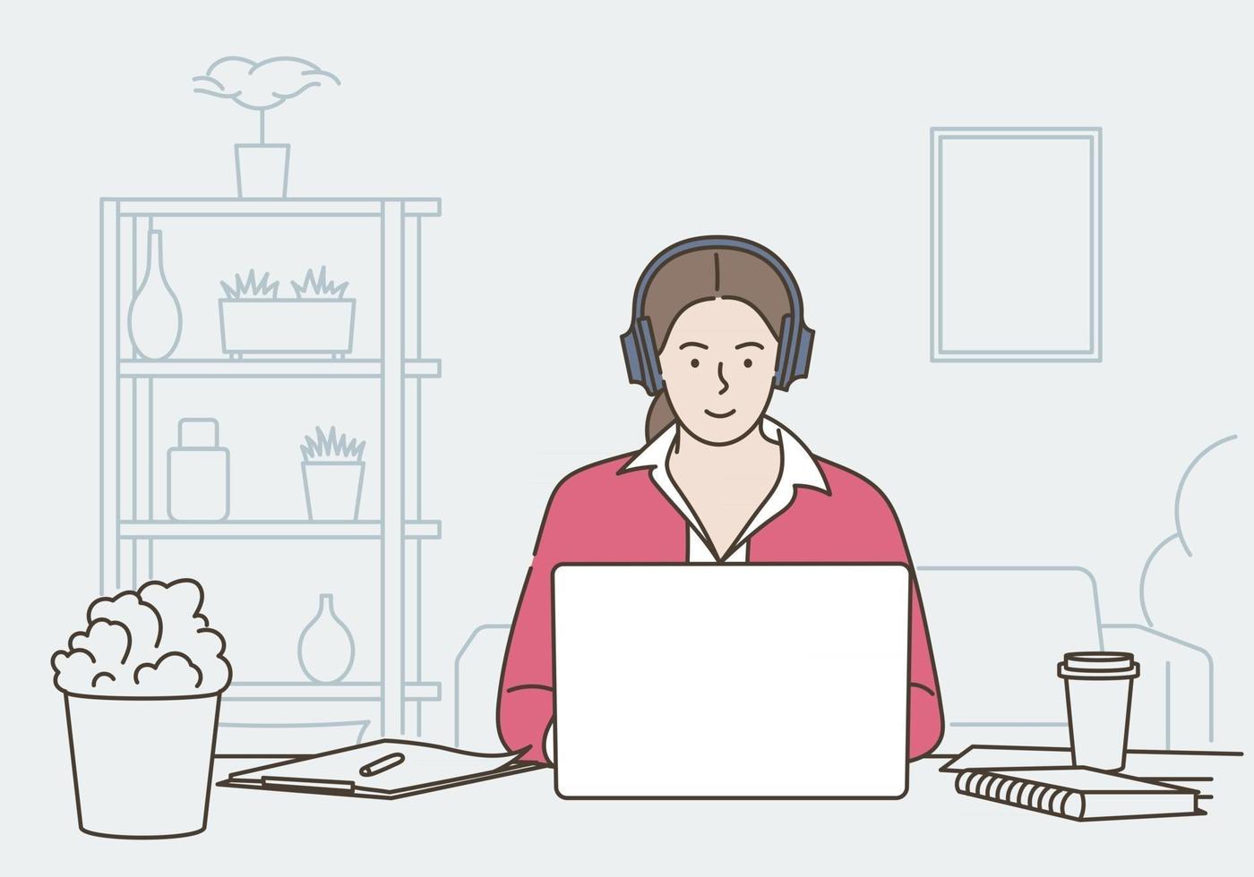 Remote working telework and global outsourcing concept Woman sitting at home and using laptop communicate to colleagues Flat Vector Illustration