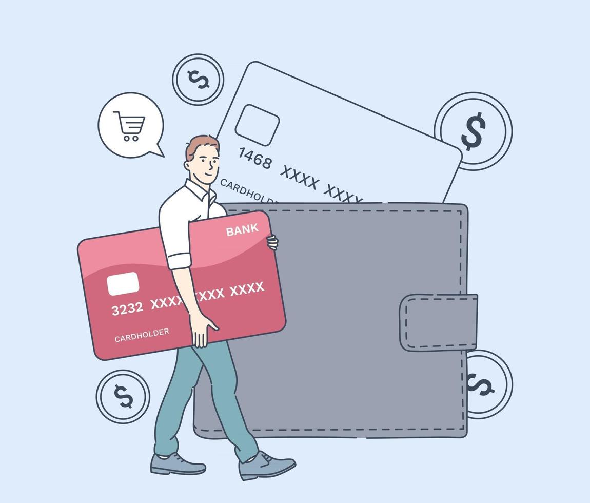 Cash payment money transaction saving and economy concept Man buyer hold huge credit card and stand near wallet Flat vector illustration