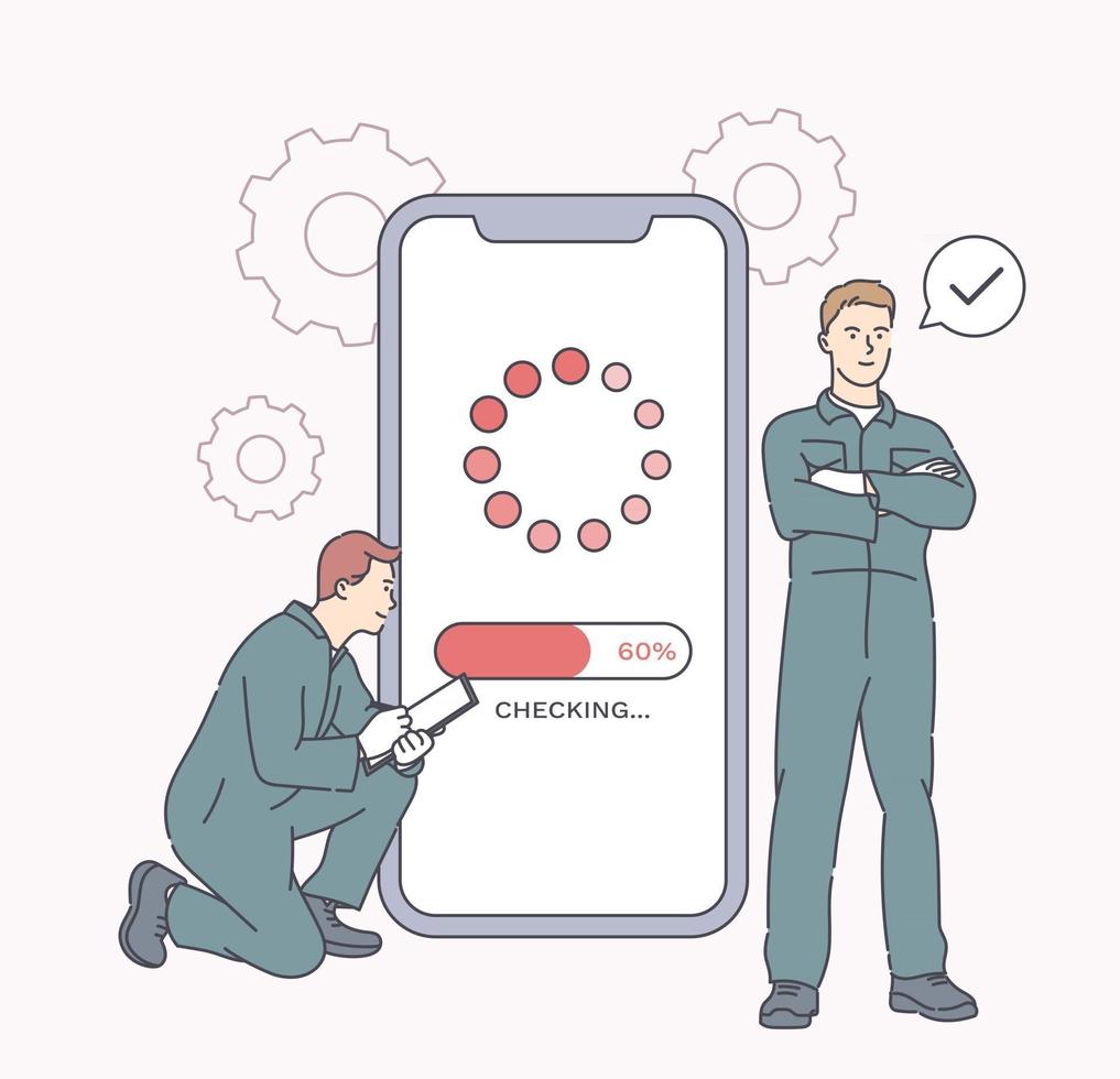Electronic device reconditioning phone maintenance concept Workers fixing smartphone in gadget service Troubleshooting and maintenance of cellphone by repairment vector