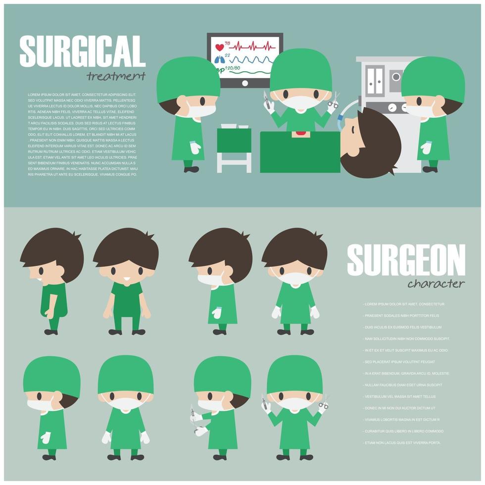 elemento de infografía quirúrgica y conjunto de vector de personaje de dibujos animados de cirujano