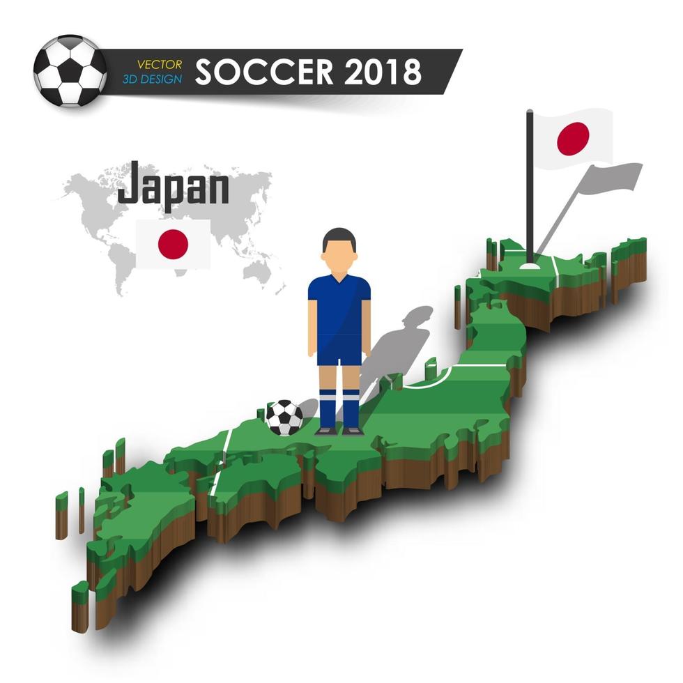 Jugador de fútbol del equipo nacional de fútbol de Japón y la bandera en el mapa del país de diseño 3d vector de fondo aislado para el concepto del torneo del campeonato mundial internacional 2018