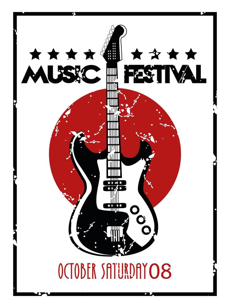 Cartel del festival de música con instrumento de guitarra eléctrica en fondo blanco. vector