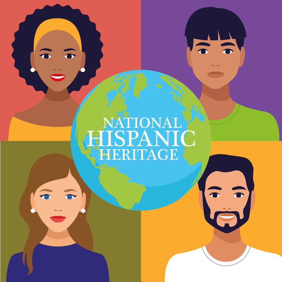 national hispanic heritage celebration with people and lettering in world planet vector