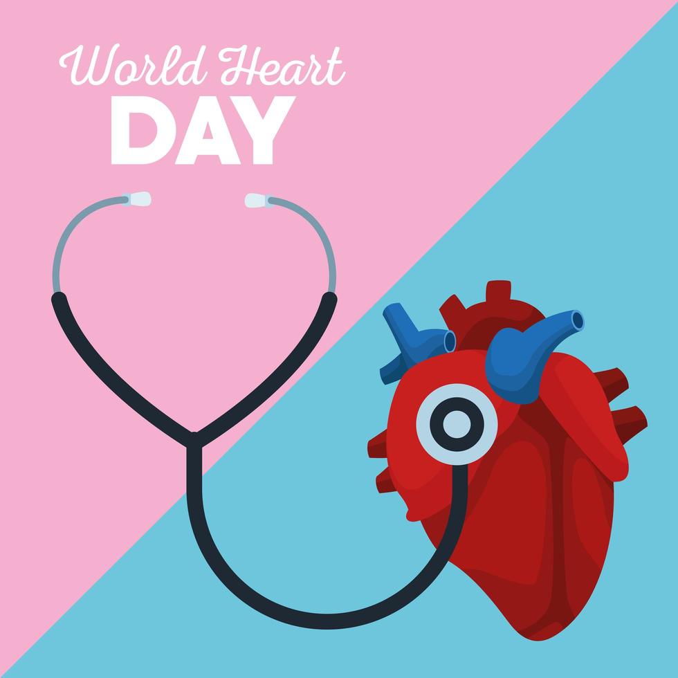 world heart day lettering with organ and stethoscope vector