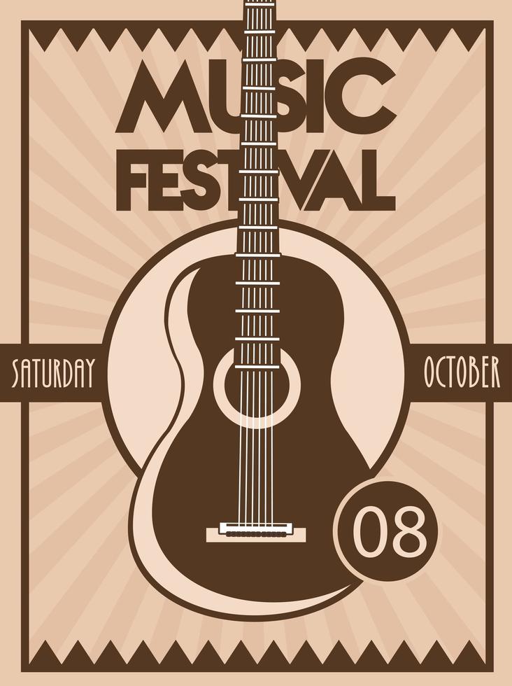 Cartel del festival de música con instrumento acústico de guitarra en fondo vintage vector