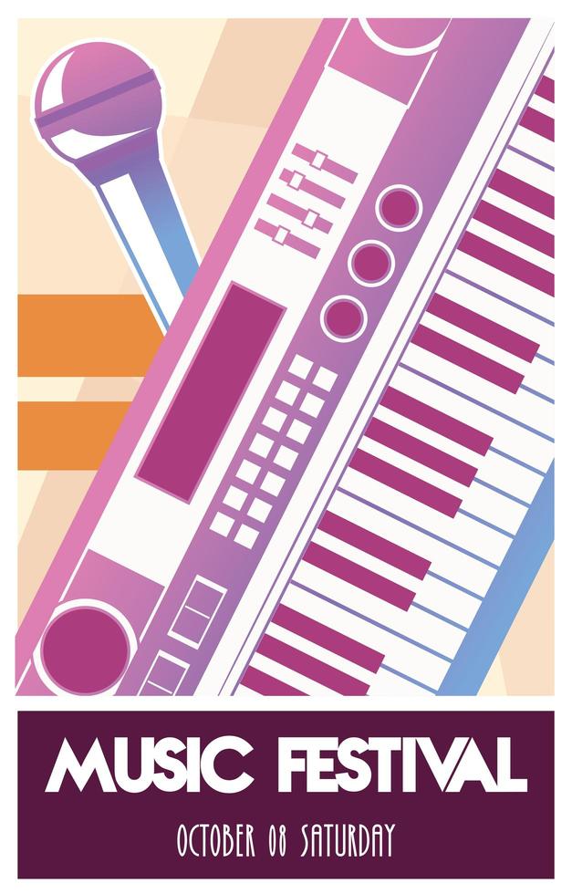 cartel del festival de música con instrumento de piano y micrófono. vector