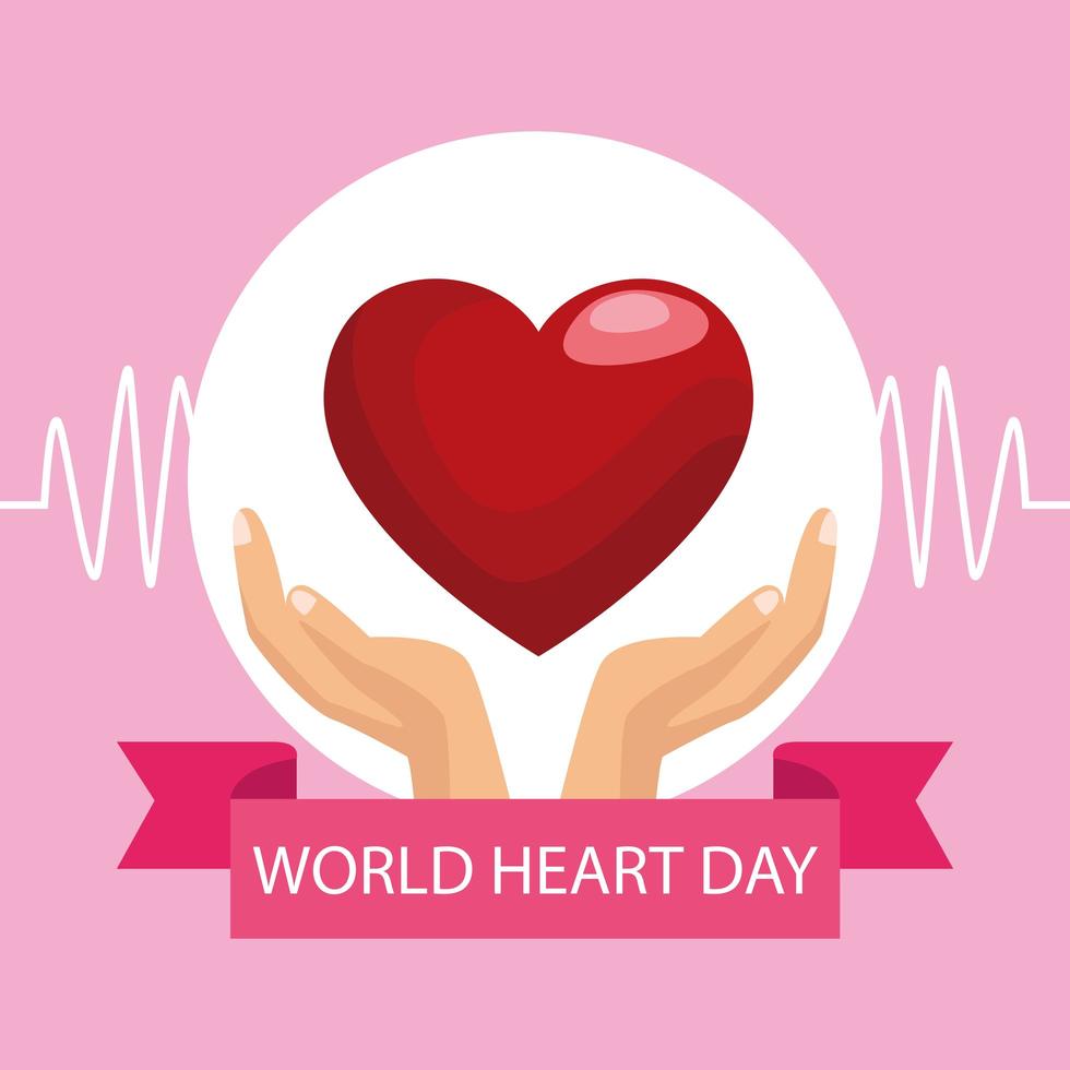 world heart day lettering with hands protecting heart and ribbon frame vector