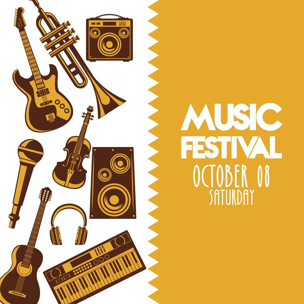 music festival poster with instruments and lettering vector
