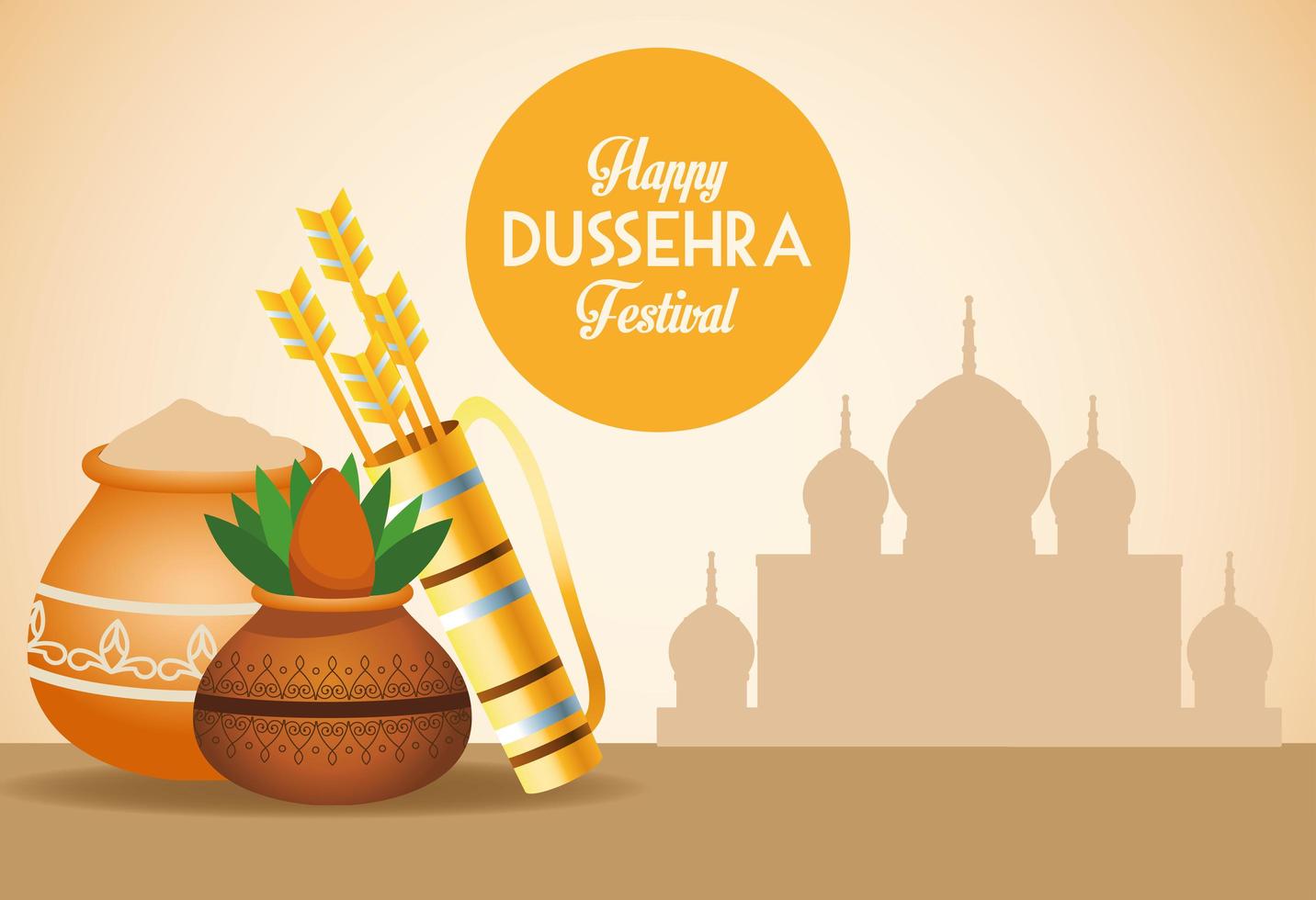 cartel del festival feliz dussehra con bolsa de flechas y olla de cerámica en la mezquita vector