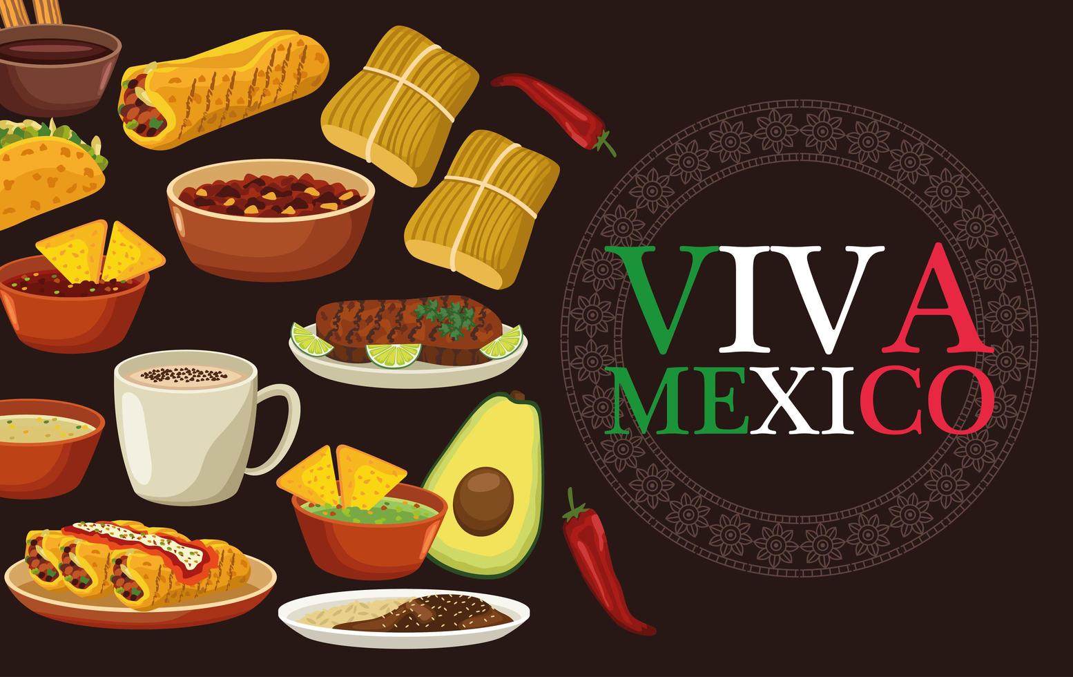 Letras de viva mexico y cartel de comida mexicana con menú de paquete vector