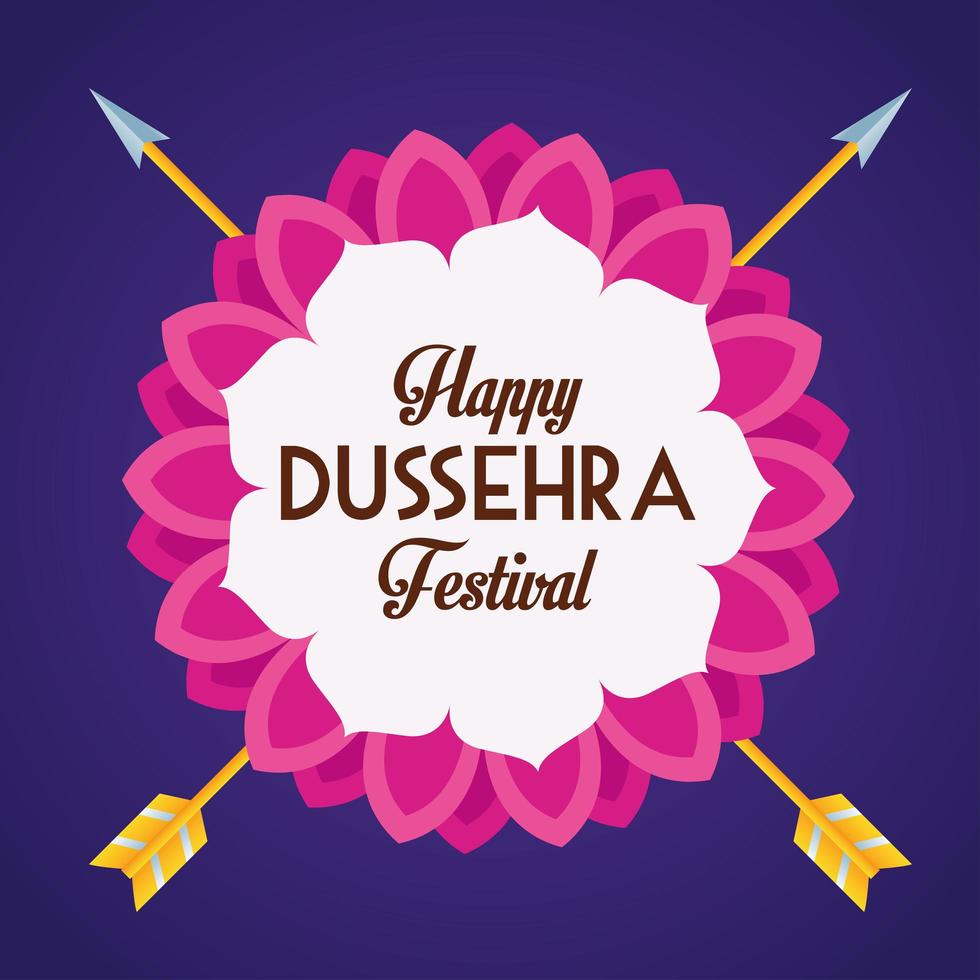 Cartel del festival feliz dussehra con flechas cruzadas en fondo azul vector