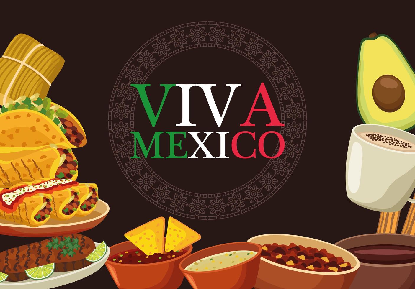 Letras de viva mexico y cartel de comida mexicana con colores de bandera vector