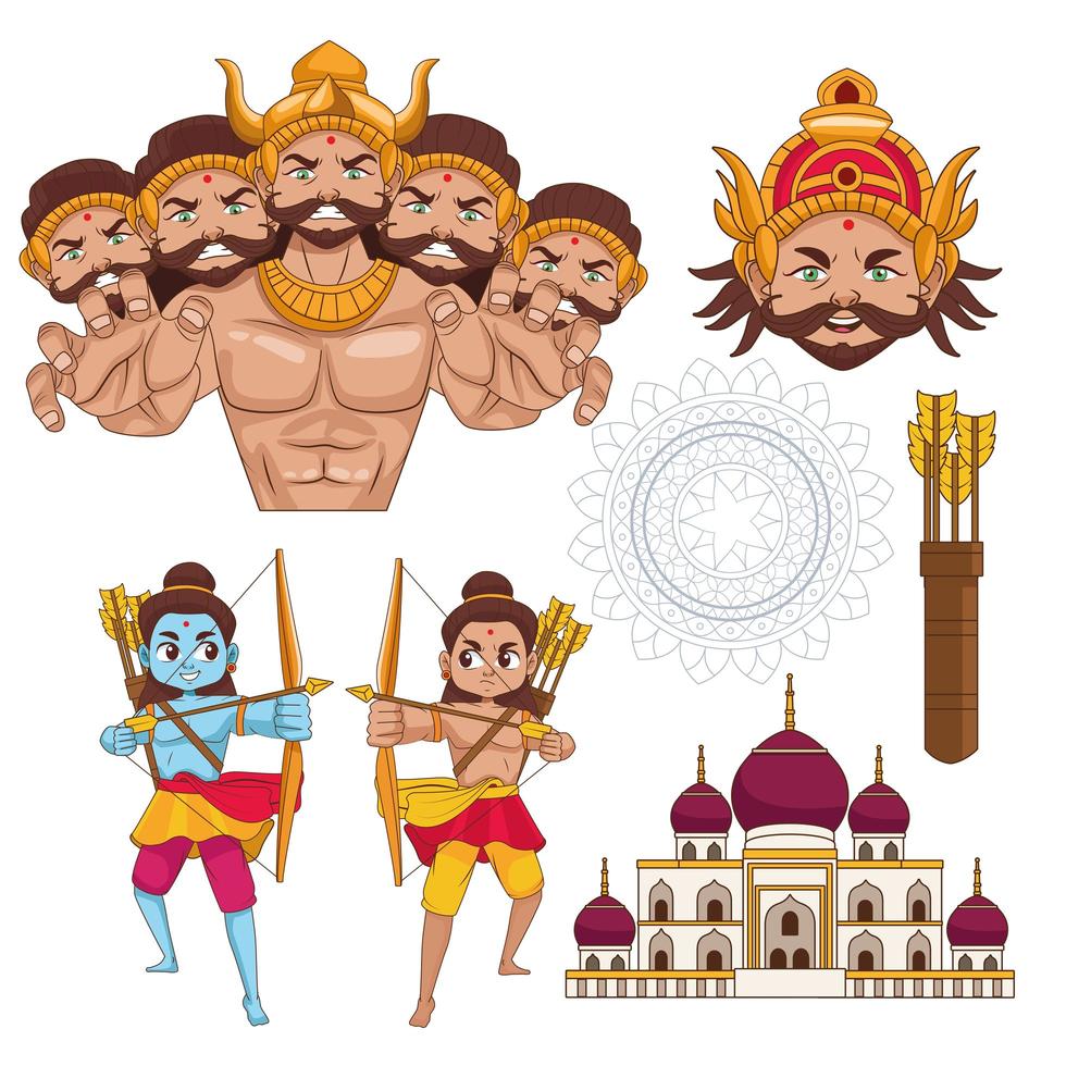 happy dussehra festival poster with set icons vector