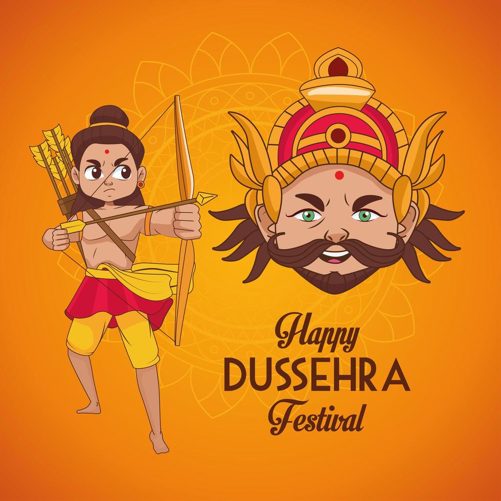 happy dussehra festival poster with rama and ravana characters vector