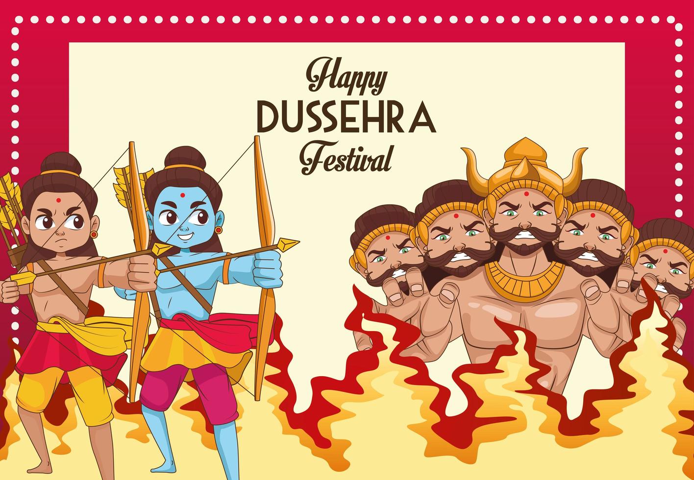 feliz cartel del festival dussehra con dos personajes rama y ravana de diez cabezas vector