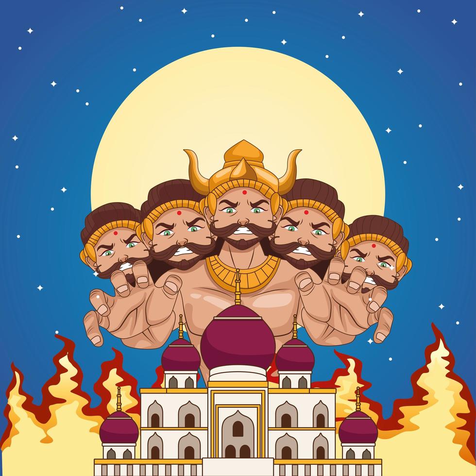 feliz cartel del festival dussehra con ravana de diez cabezas y edificio de la mezquita en la noche vector