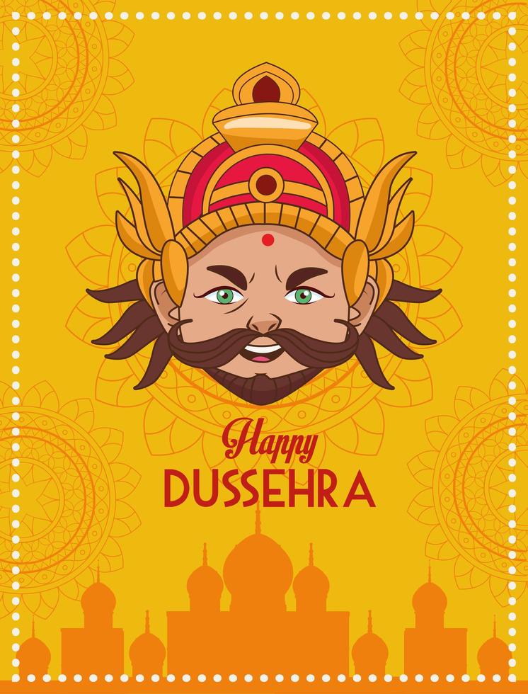 cartel del festival feliz dussehra con cabeza de ravana con edificio de mezquita vector