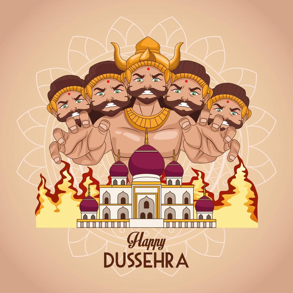 feliz cartel del festival dussehra con ravana de diez cabezas y edificio de la mezquita vector