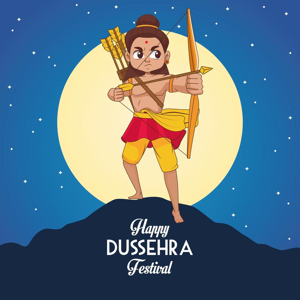 feliz cartel del festival dussehra con el personaje rama y la escena nocturna de la luna vector