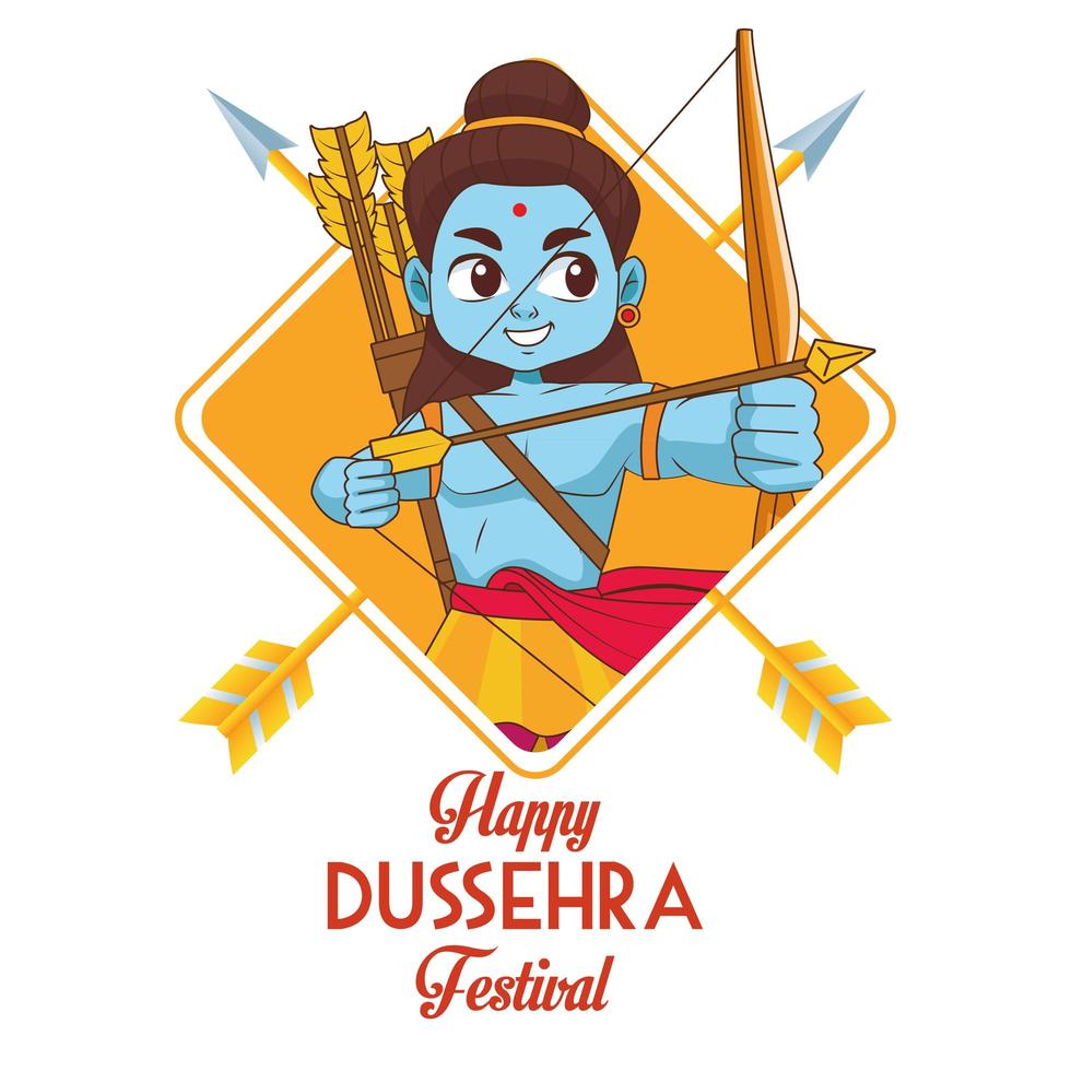 cartel del festival feliz dussehra con carácter rama azul y letras vector