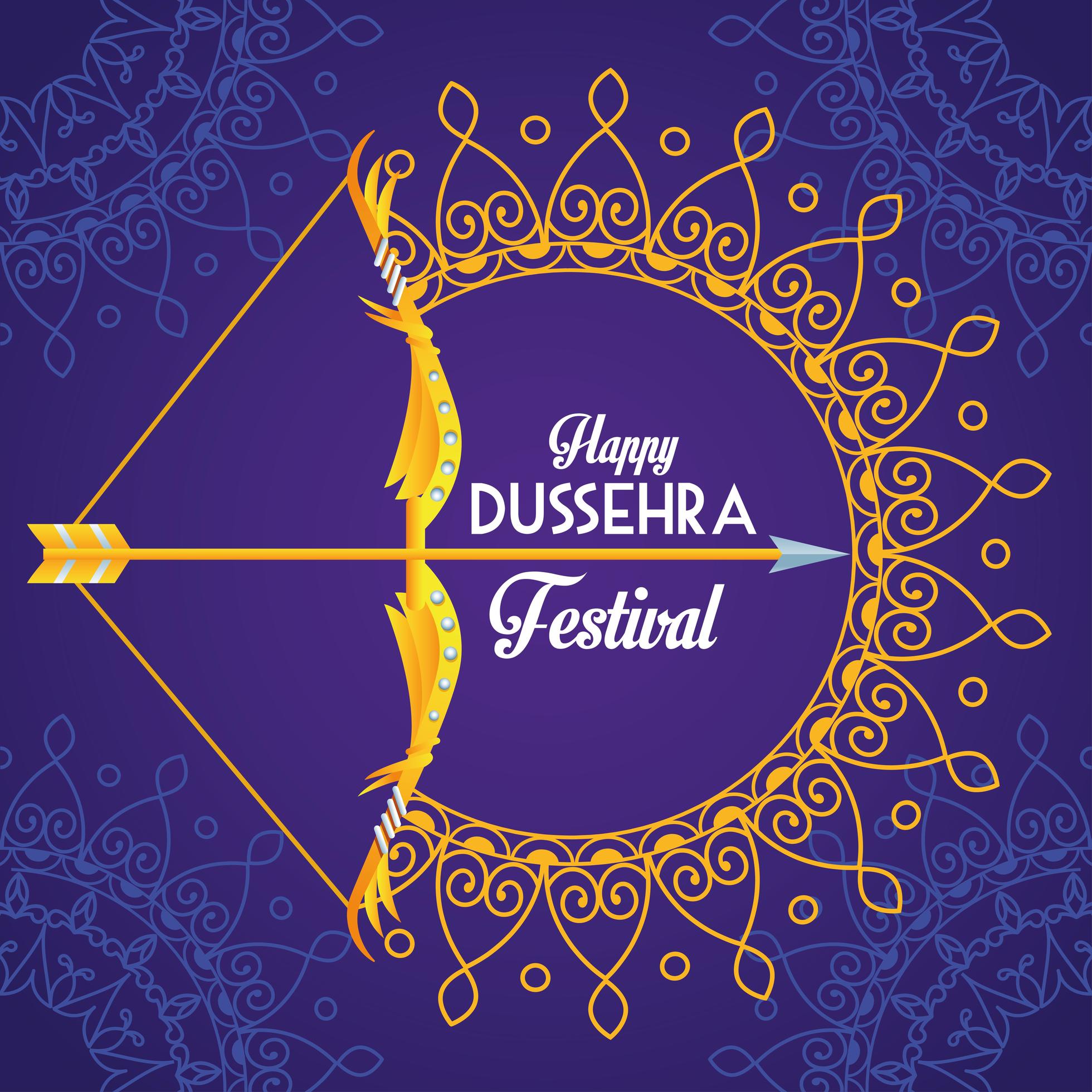 happy dussehra festival poster with arch and mandalas in purple