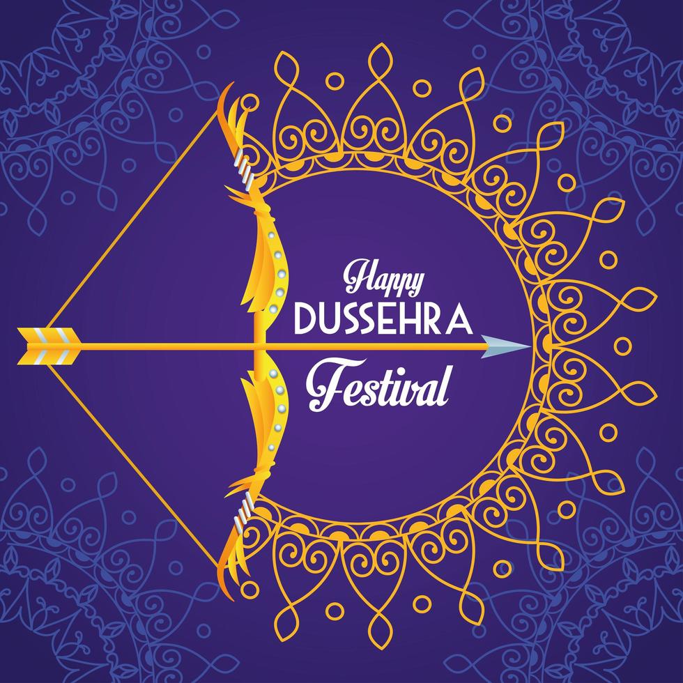 happy dussehra festival poster with arch and mandalas in purple background vector