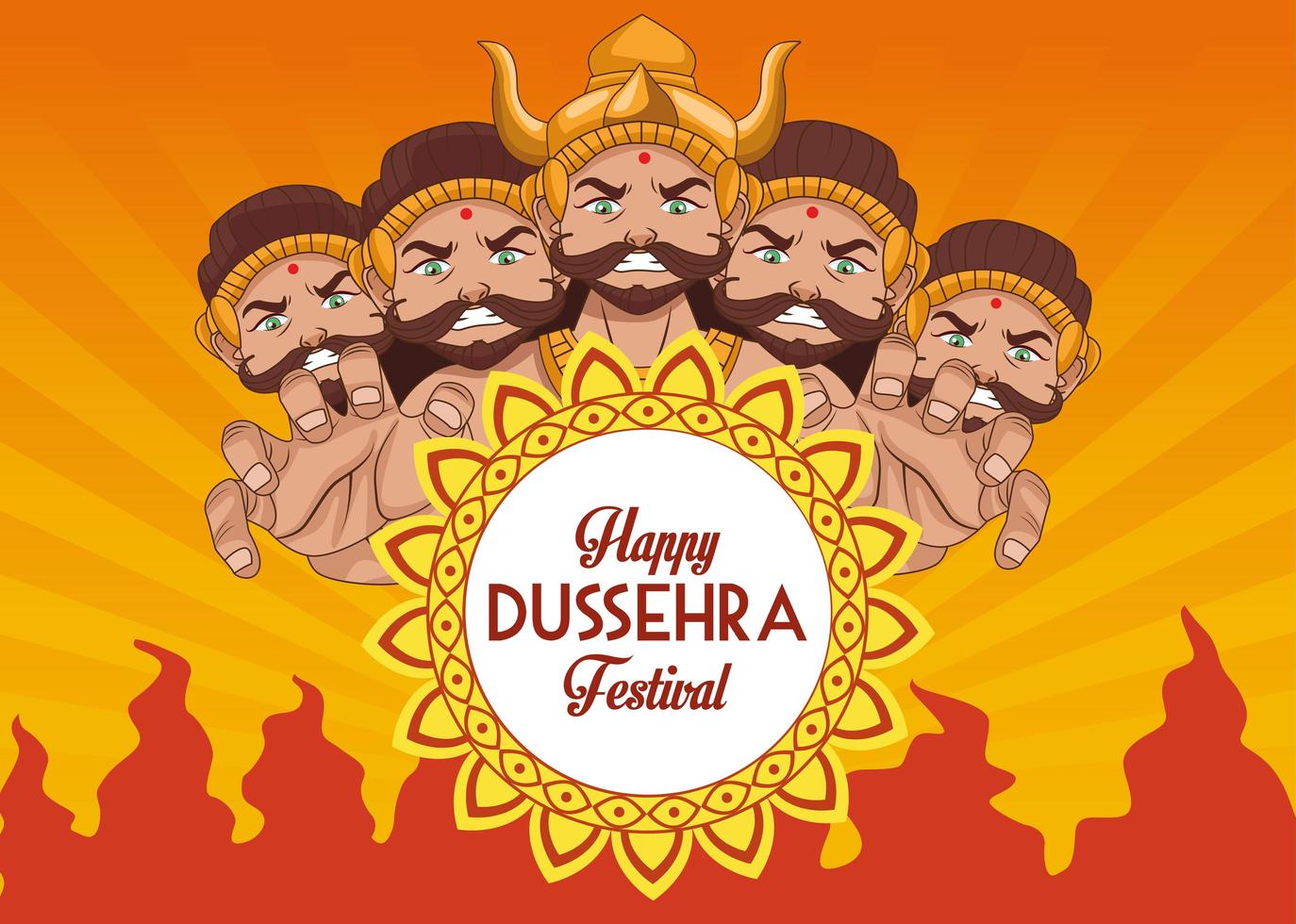 feliz cartel del festival dussehra con ravana de diez cabezas y mandala vector