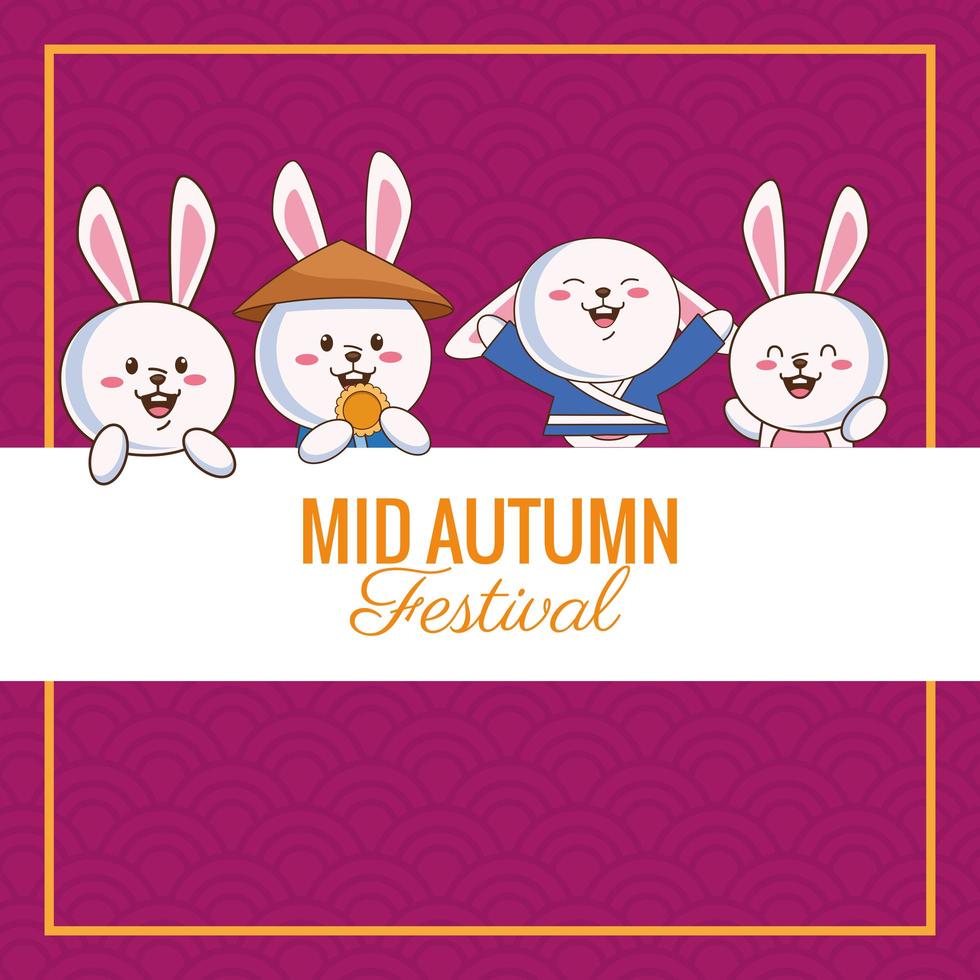 mid autumn celebration card with lettering and little rabbits vector