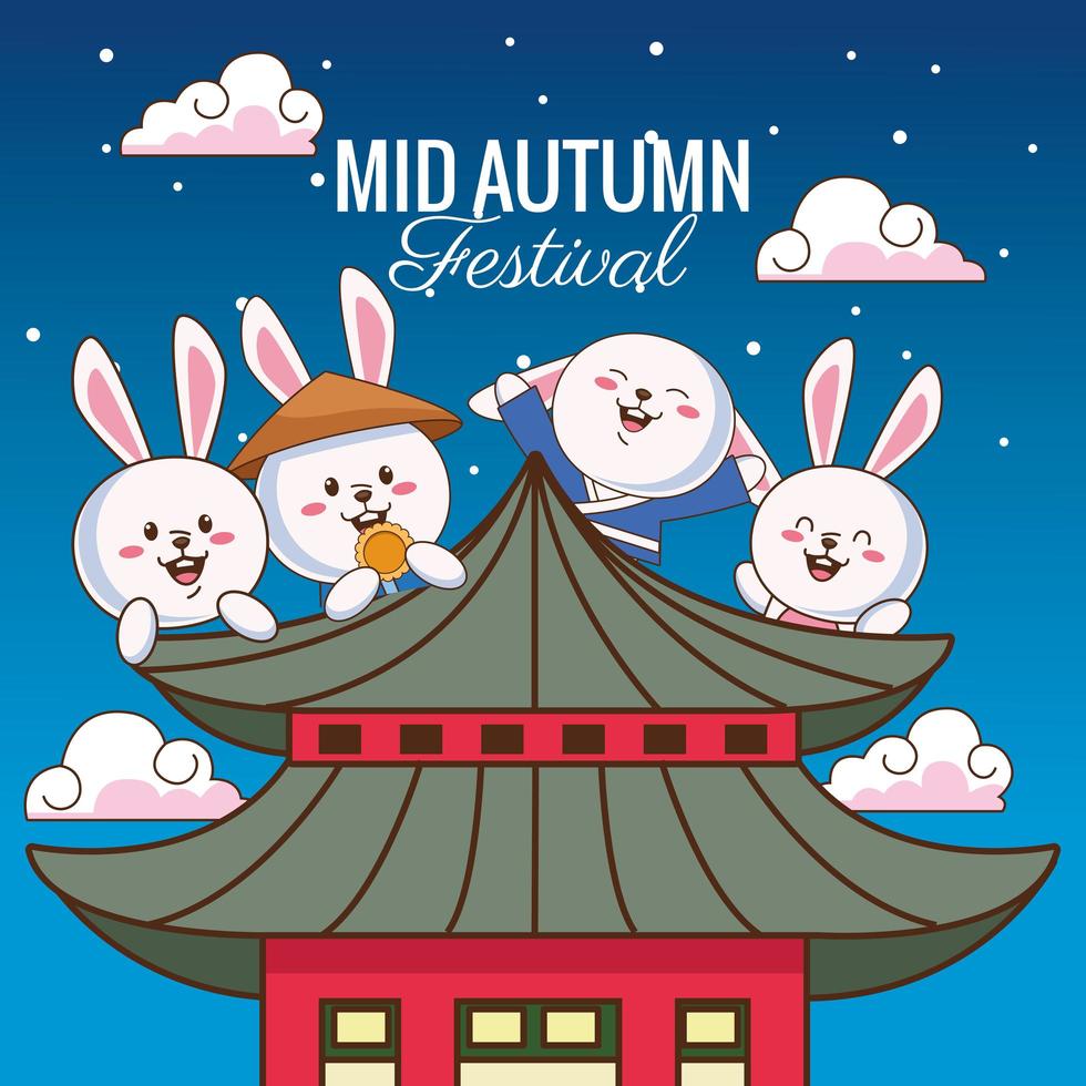mid autumn celebration card with little rabbits in castle vector