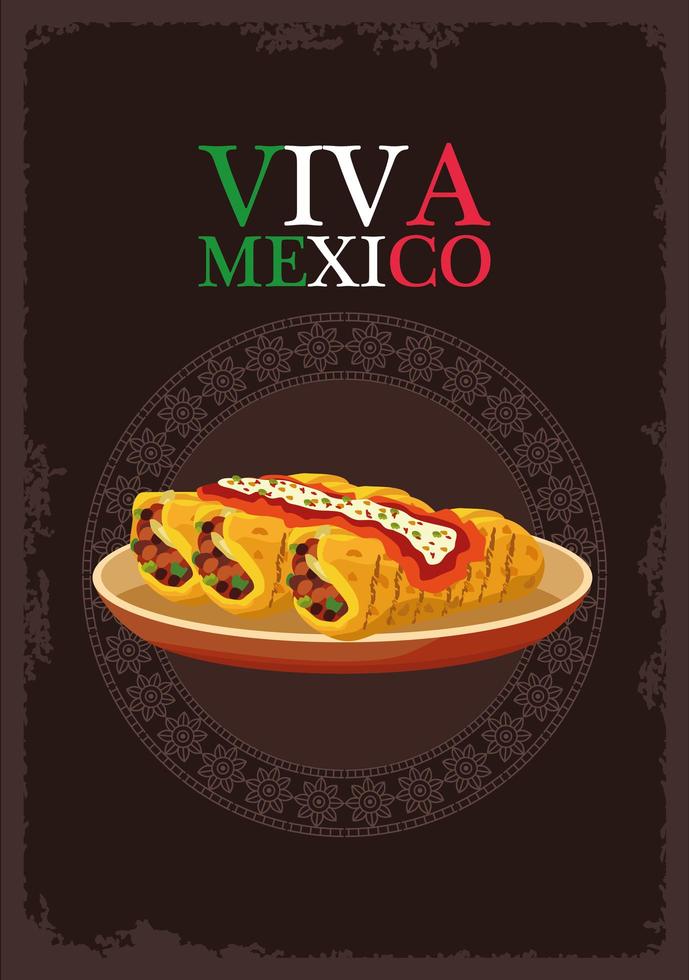 Letras de viva mexico y cartel de comida mexicana con burritos vector