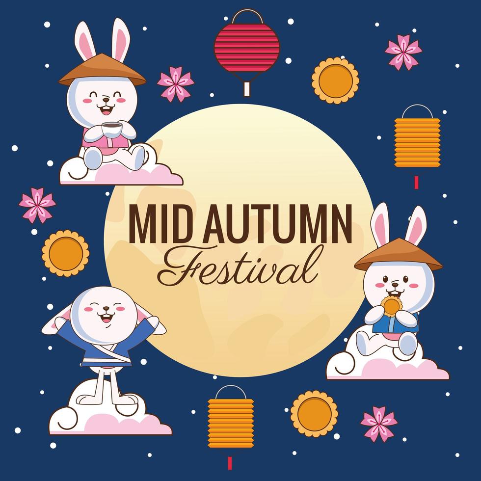 tarjeta de celebración de mediados de otoño con conejitos y linternas en la luna vector