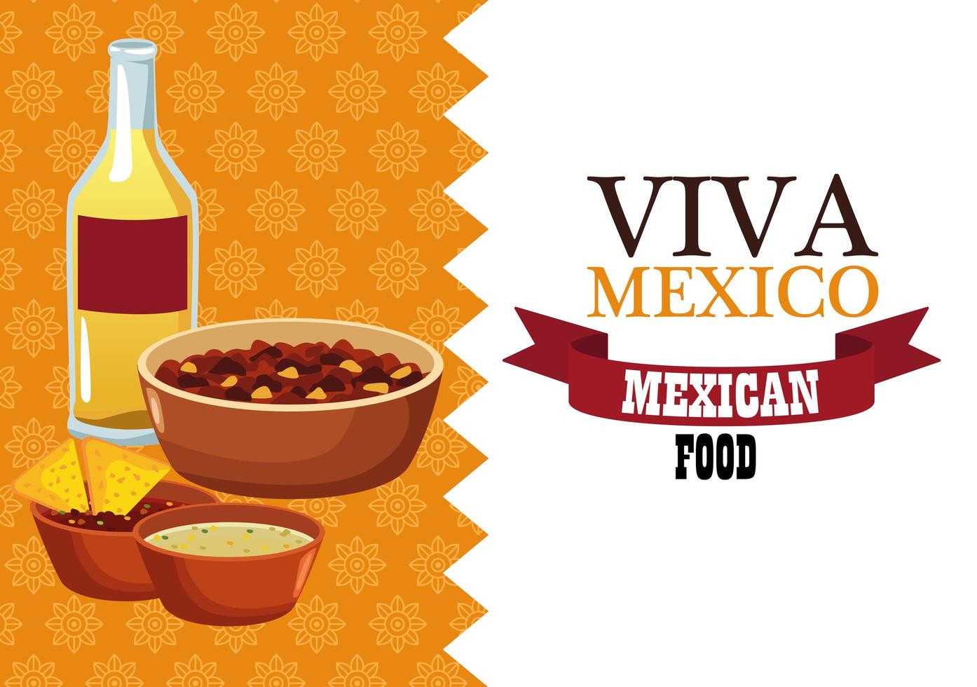 Letras de viva mexico y cartel de comida mexicana con frijoles refritos y nachos en salsa vector