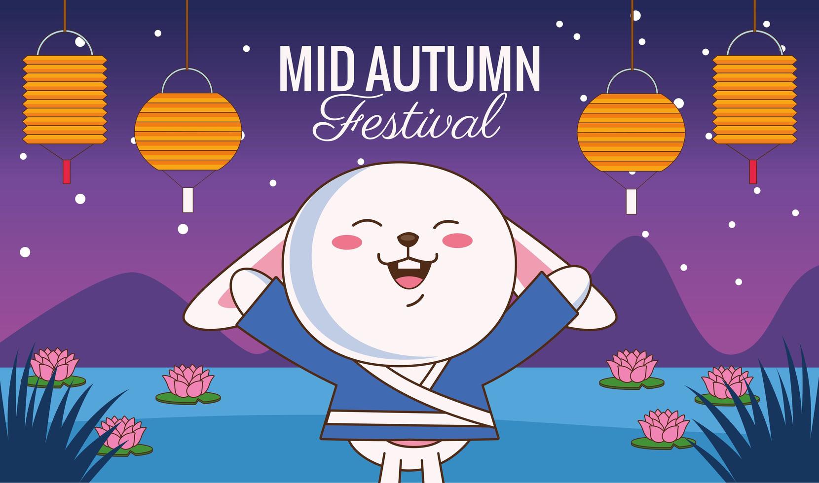 mid autumn celebration card with little rabbit and lanterns hanging in the camp vector