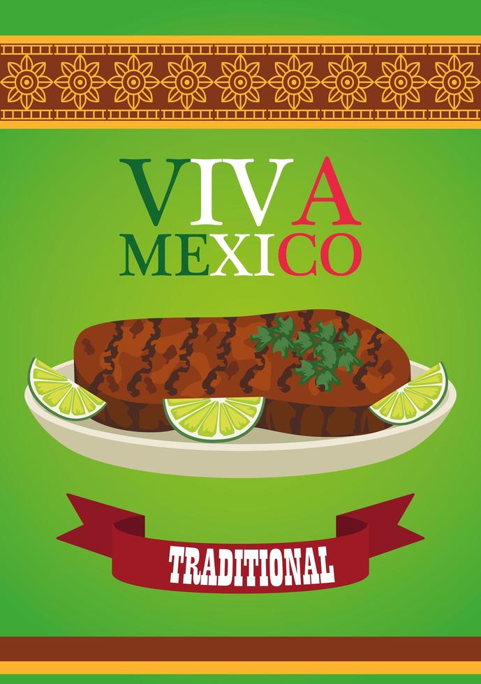 Letras de viva mexico y cartel de comida mexicana con filete de ternera y limón vector