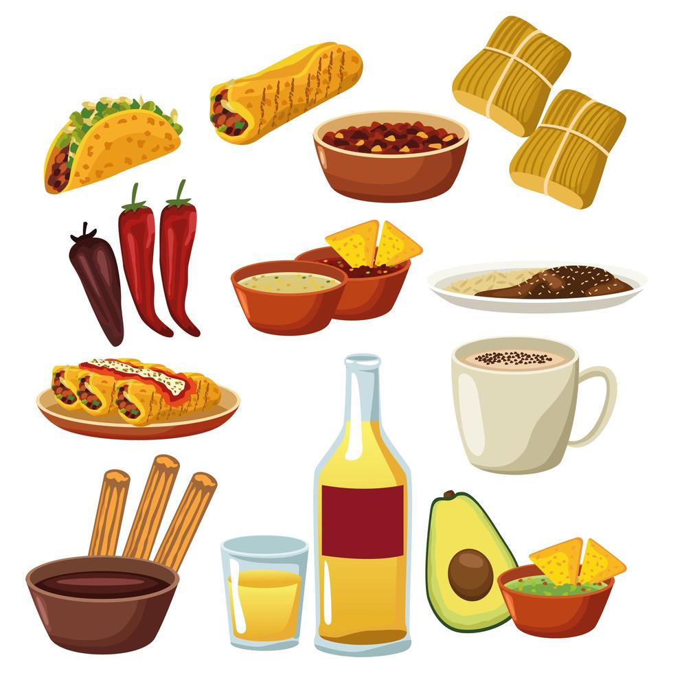 bundle of mexican food menu set icons vector