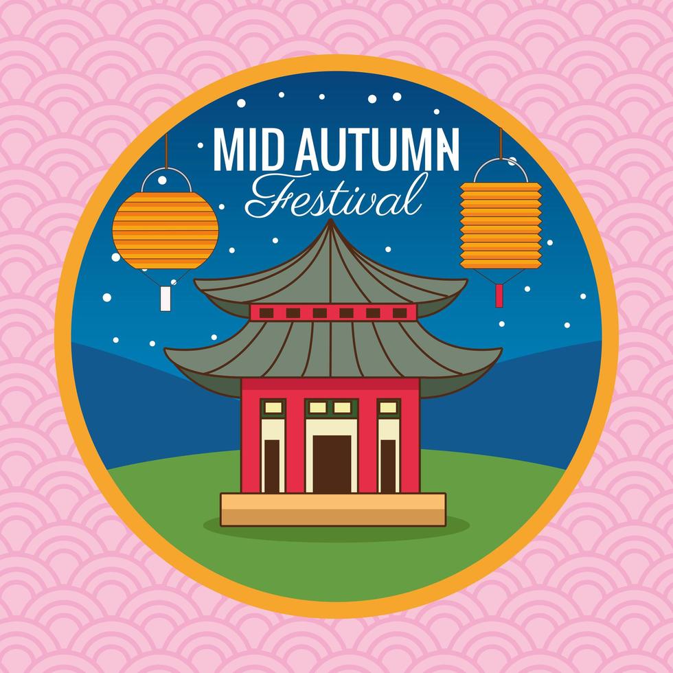 mid autumn celebration card with castle and lanterns vector