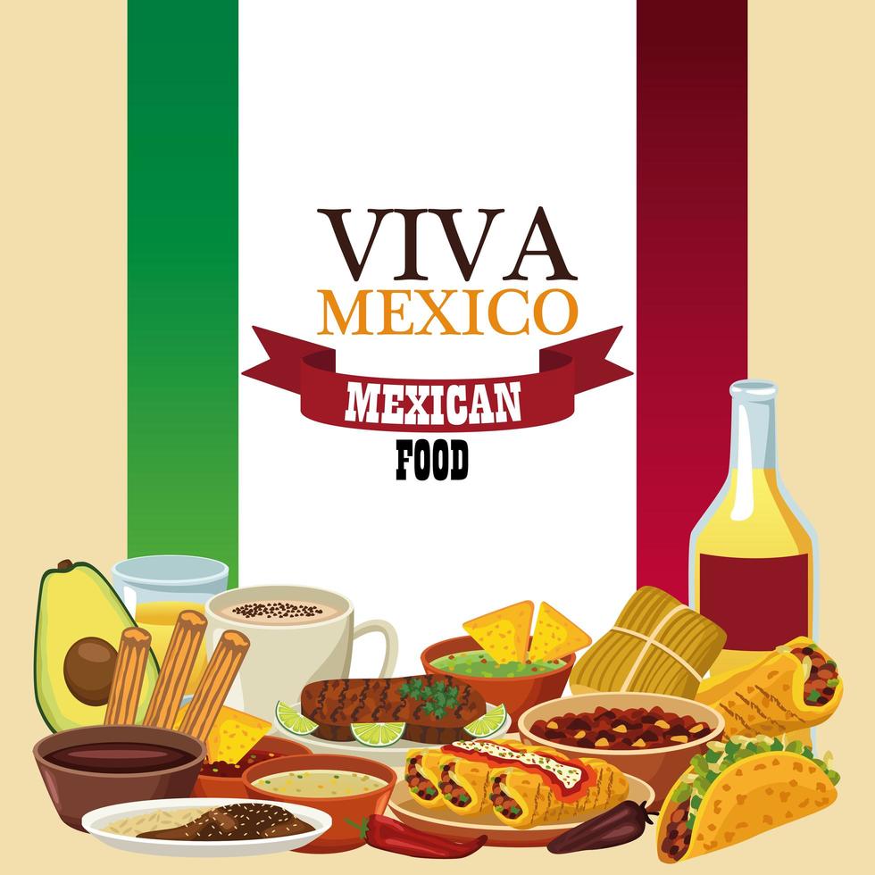 Letras de viva mexico y cartel de comida mexicana con tequila y menú en bandera vector