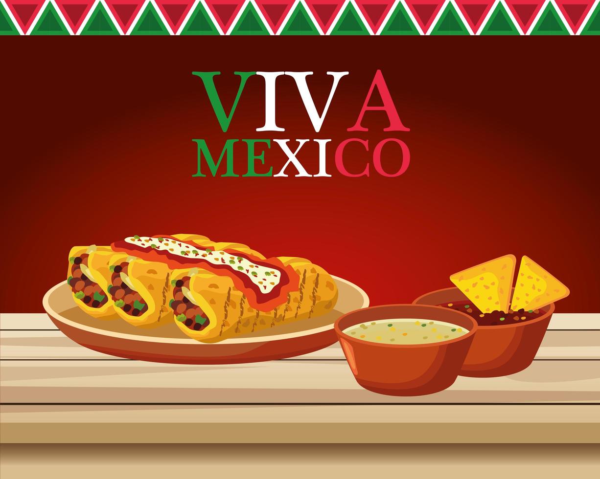 Letras de viva mexico y cartel de comida mexicana con burritos y salsas vector