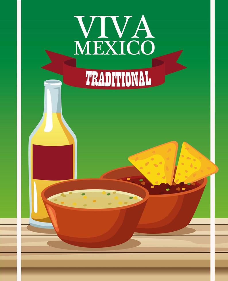 viva mexico lettering and mexican food poster with nachos in sauces and tequila vector