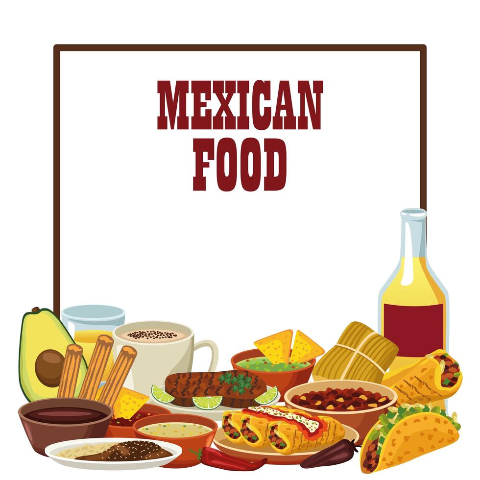 Cartel de letras de comida mexicana con tequila y menú. vector