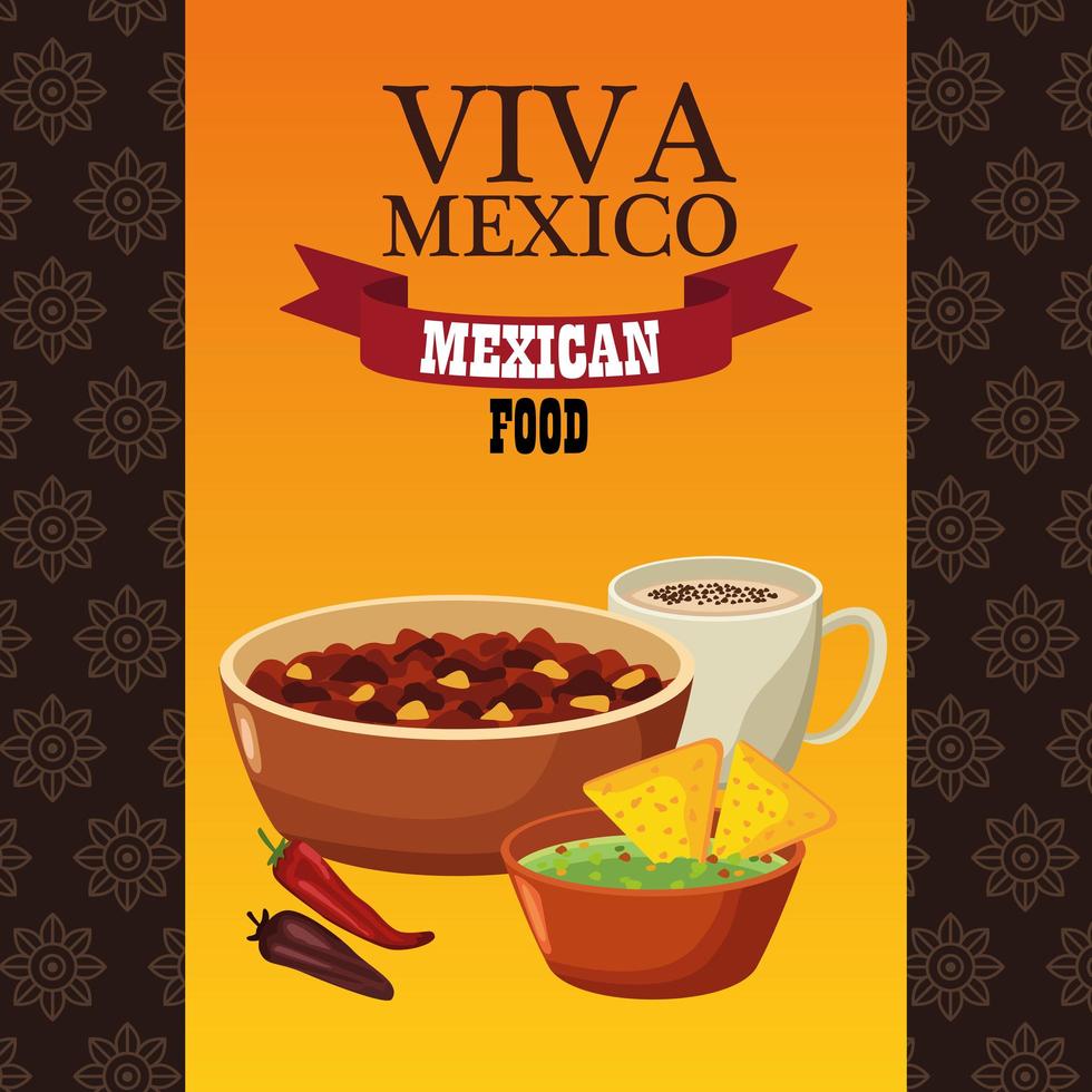 Letras de viva mexico y cartel de comida mexicana con frijoles refritos y nachos vector