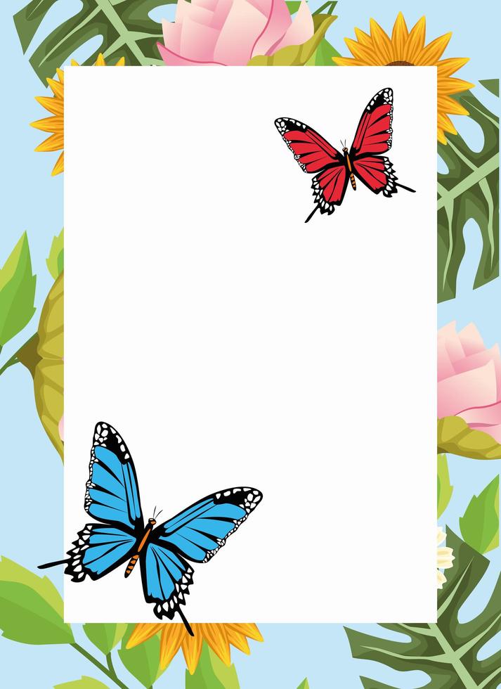 Fondo floral en marco cuadrado con escena de mariposas y flores. vector