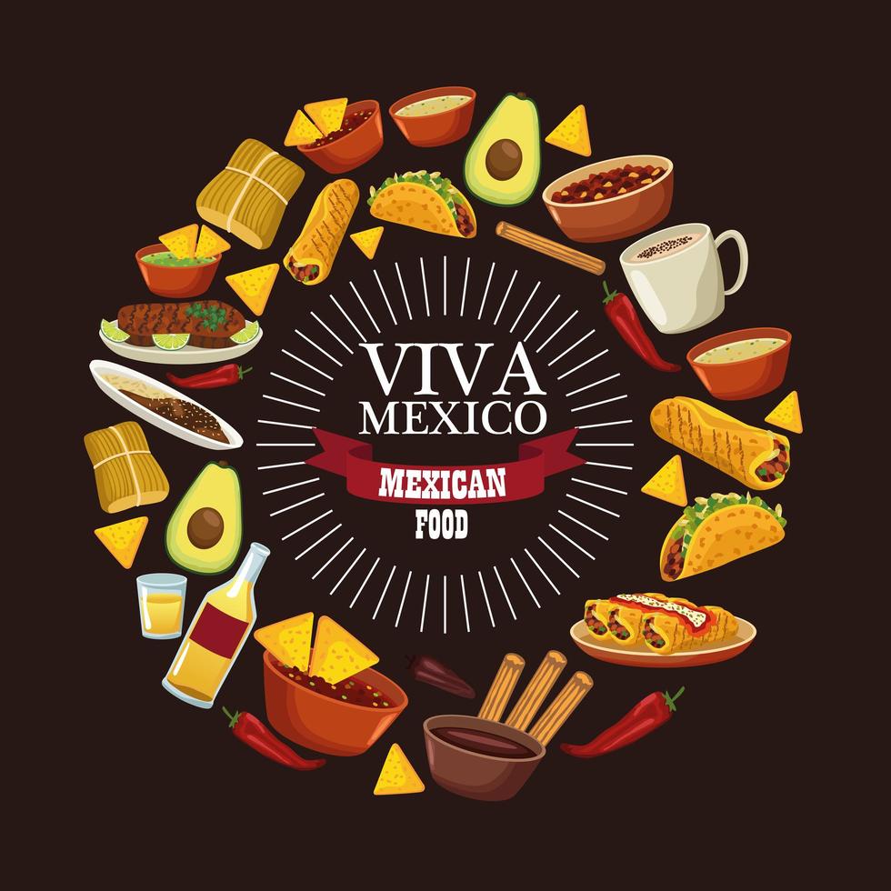 Letras de viva mexico y cartel de comida mexicana con menú alrededor vector