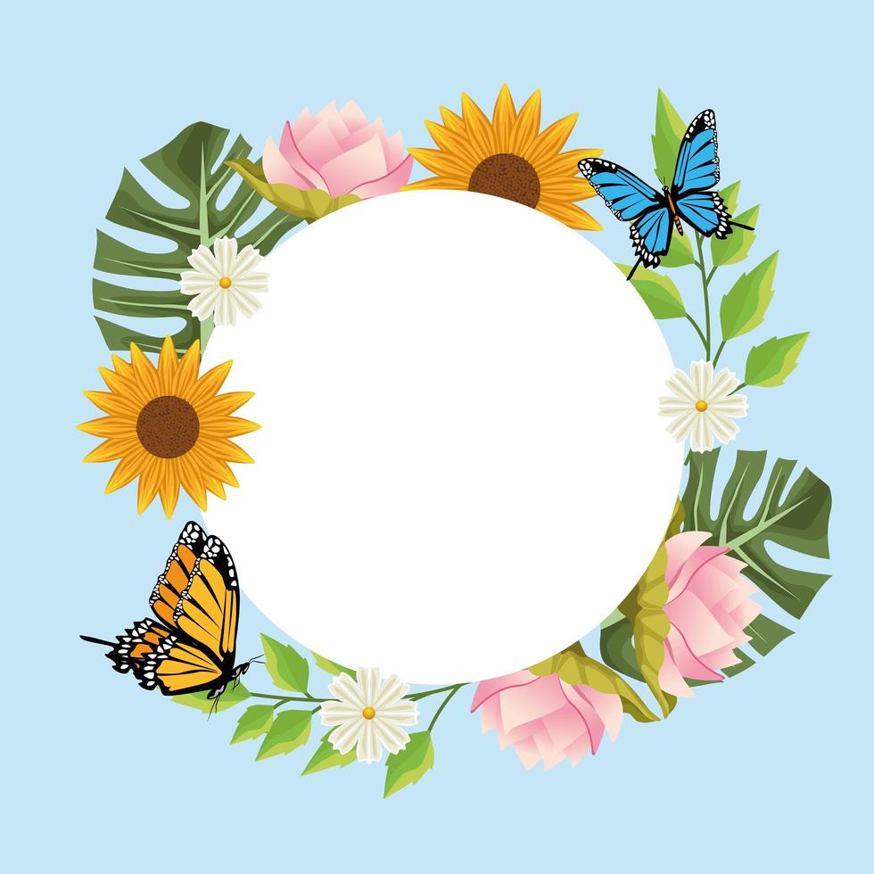 floral background in circular frame with butterflies and flowers vector