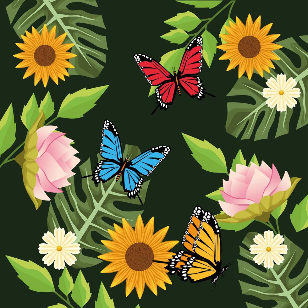 floral background with butterflies and flowers scene in green background vector