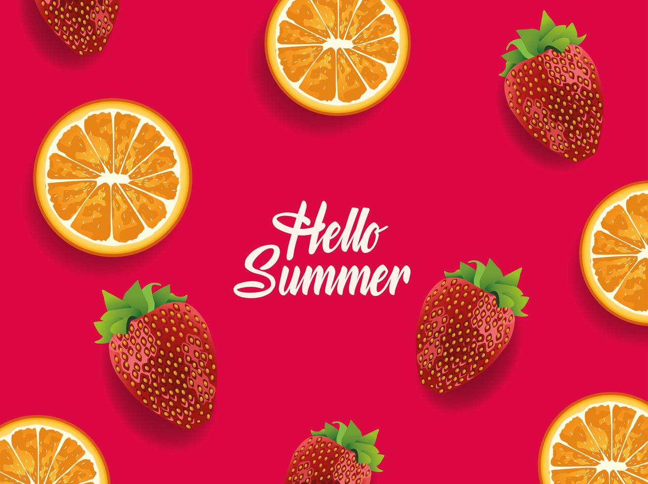 hellow summer with oranges and strawberries fruits pattern vector