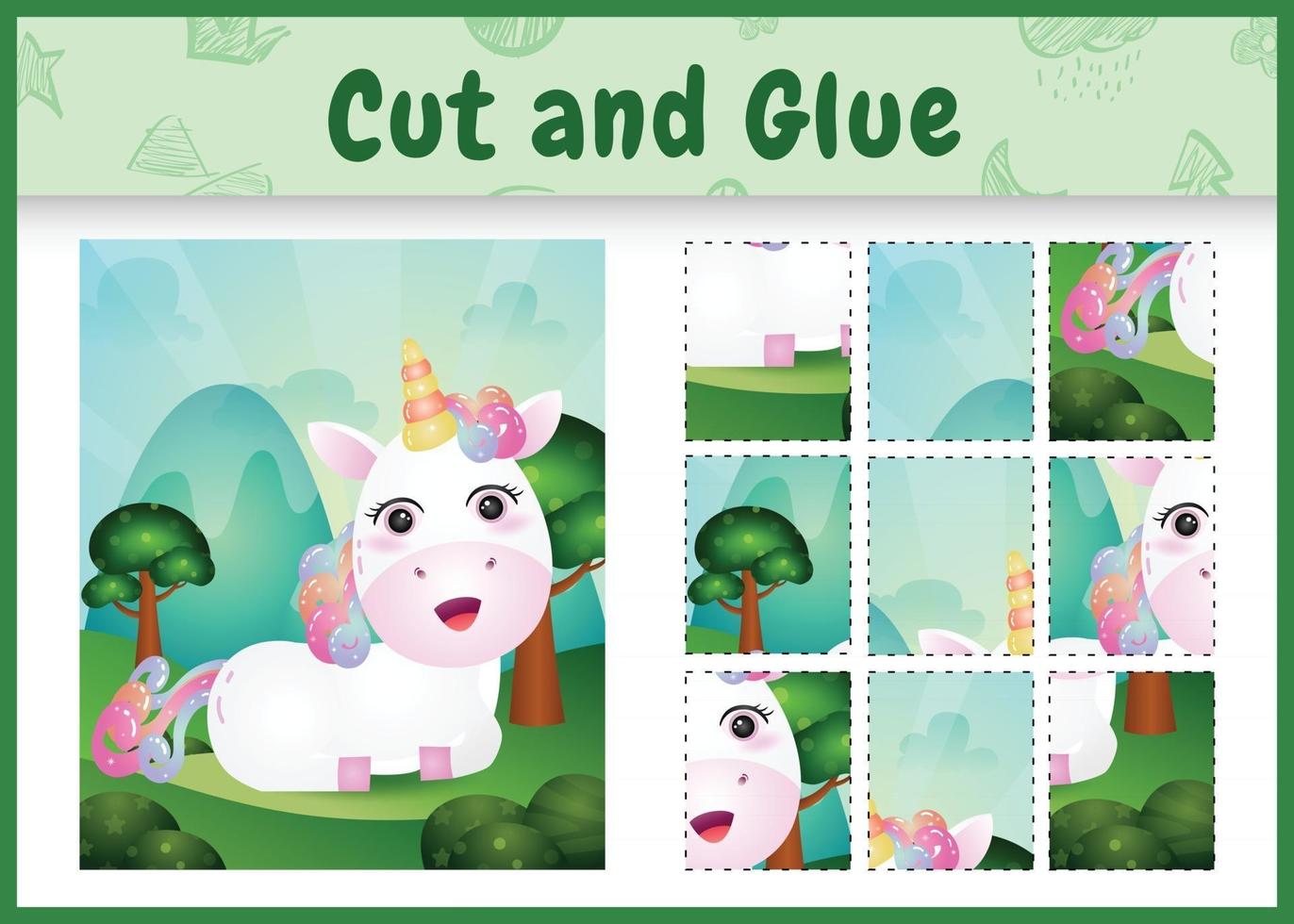 Children board game cut and glue with a cute unicorn vector