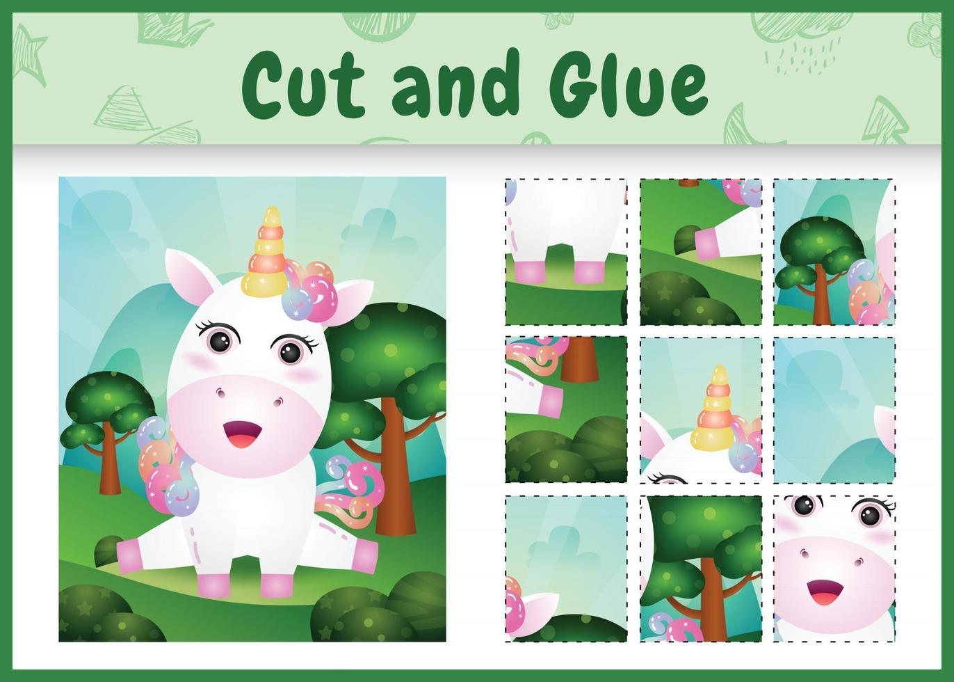 Children board game cut and glue with a cute unicorn vector