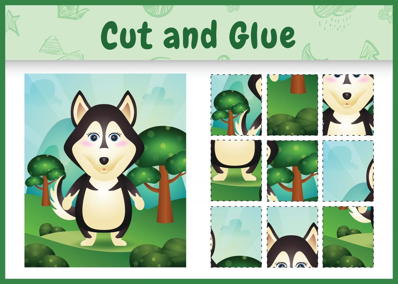 Children board game cut and glue with a cute husky dog vector